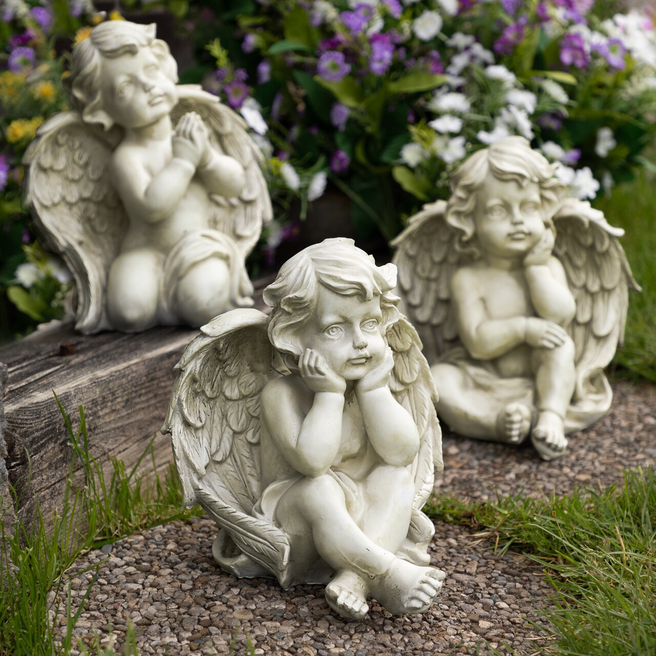 Northlight Set of 3 Gray Sitting Cherub Angel Outdoor Garden Statues 11"